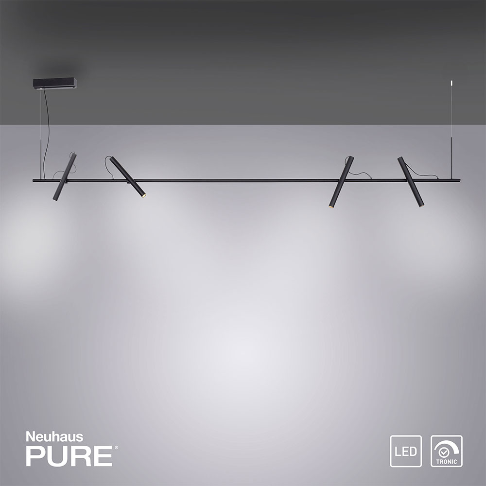 Pure Tutua 2024 LED-Pendelleuchte – Vier schwenkbare LED-Spots für flexible Lichtgestaltung in mattschwarzem Design Mattschwarze Pure Tutua 2024 LED-Pendelleuchte mit vier schwenkbaren Spots, ideal für lange Tische oder großzügige Wohnbereiche. Flexibel in der Höhe verstellbar (500-2000 mm) und dimmbar über externen Dimmer, erzeugt warmweißes 3000K-Licht mit 1400 Lumen