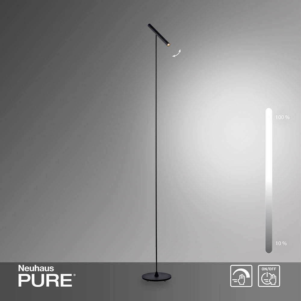 Pure Tutua 405 LED-Stehleuchte – Perfekte Ergänzung zu Pendelleuchten für harmonische Lichtkonzepte Mattschwarze Pure Tutua 405 LED-Stehleuchte mit schwenkbarem Spot, Sensor-Dimmer und Memory-Funktion. Mit einer Höhe von 1780 mm und einer Breite von 200 mm bietet die Stehleuchte präzise Beleuchtung für Lese- und Arbeitsbereiche und eignet sich ideal als