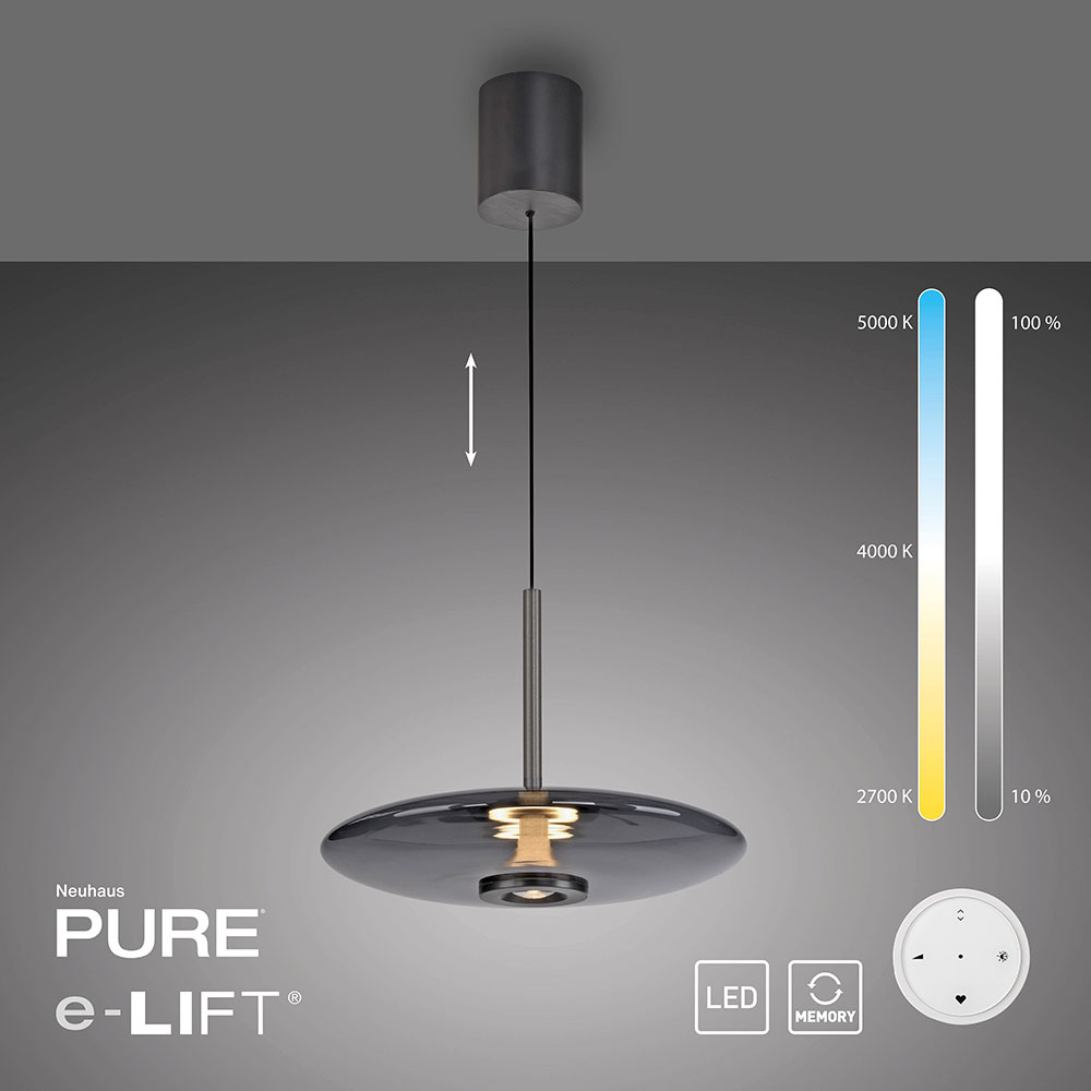Pure E-Vitrum 2084 – Pendelleuchte mit e-LIFT Technologie und edlem Glaskörper Die Pure E-Vitrum 2084 Pendelleuchte von Neuhaus Lighting Group mit elegantem Glasschirm (450 mm Durchmesser), elektronischer Höhenverstellung per Fernbedienung (600–2400 mm), stufenlos dimmbarer CCT-Lichtsteuerung (2700–5000K), Up- und Downlight-Funktion