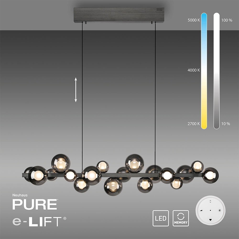 Paul Neuhaus Pure e-popup Pendelleuchte bei lampenonline.de. Sie verfügt über CCT-Technologie zur stufenlosen Lichtfarbeneinstellung von warmweiß bis kaltweiß sowie stufenlose Dimmbarkeit. Das e-LIFT®-System zur automatischen Höhenverstellung und die Memo