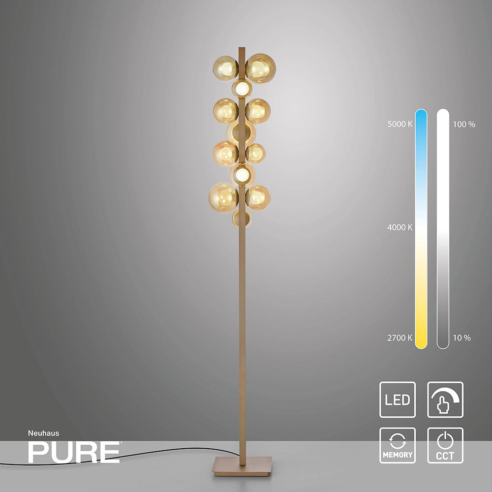 Stehleuchte Pure Popup 557: Freistehendes Designhighlight mit Amberglas-Kugeln, 1600 mm Höhe und eleganter Raumwirkung. Pure Popup 557 Stehleuchte mit 1600 mm Höhe und Amberglas-Kugeln in drei Größen – eleganter Blickfang und perfekte Ergänzung zur Pendelleuchte E-Popup 2557.