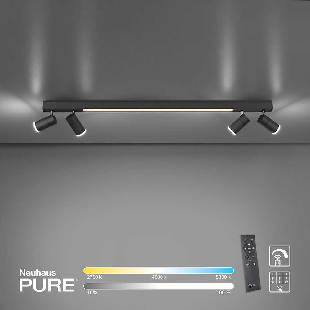 Paul Neuhaus Pure lines 6121 Deckenstrahler bei lampenonline.de. Mit fünf LED-Platinen und 3000 Lumen Lichtstärke sorgt diese Neuhaus Leuchte für eine effektive Raumausleuchtung. Die CCT-Farbtemperatur Steuerung erlaubt die individuelle Einstellung der Li