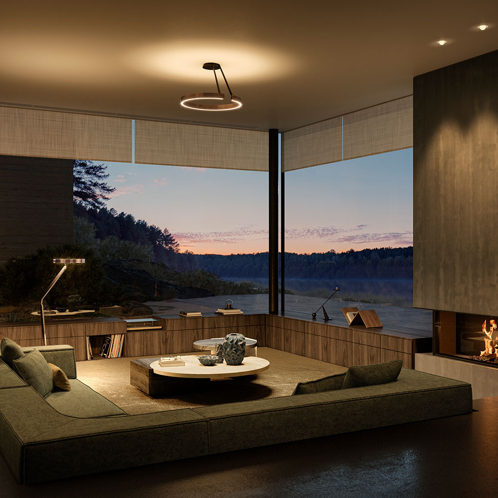 Occhio Mito aura alta 60 bei lampenonline.de. Flache LED-Deckenleuchte mit futuristischem Ringdesign, wählbarem Abstrahlwinkel (50° oder 80°) für gezielte oder großflächige Beleuchtung; ideal für hohe Decken und großzügige Räume.