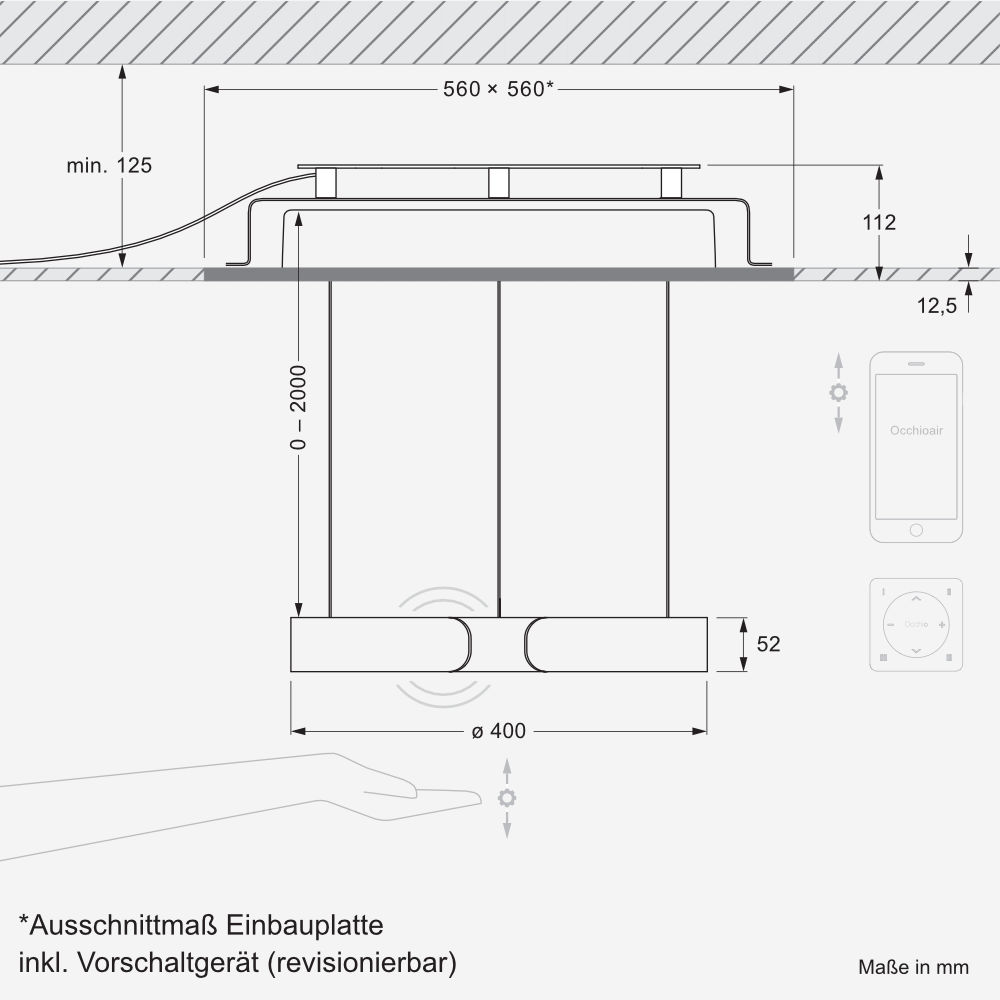 Occhio mito cosmo bei lampenonline.de - Für die Montage ist eine abgehängte Decke oder eine Hohlraumdecke erforderlich, um die Mito cosmo bündig zu installieren.